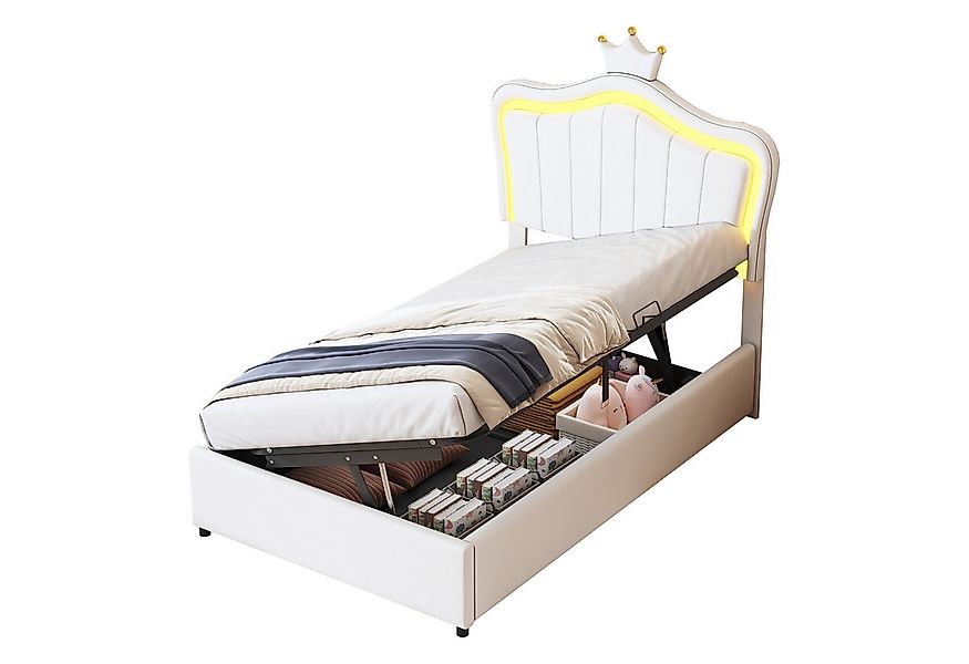 Flieks Polsterbett, LED Hydraulisches Kinderbett 90x200cm Krone Kopfteil Ku günstig online kaufen