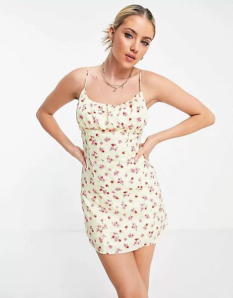 Bershka – Satin-Kleid mit Schnürung hinten und Blumenmuster in Zitronengelb günstig online kaufen