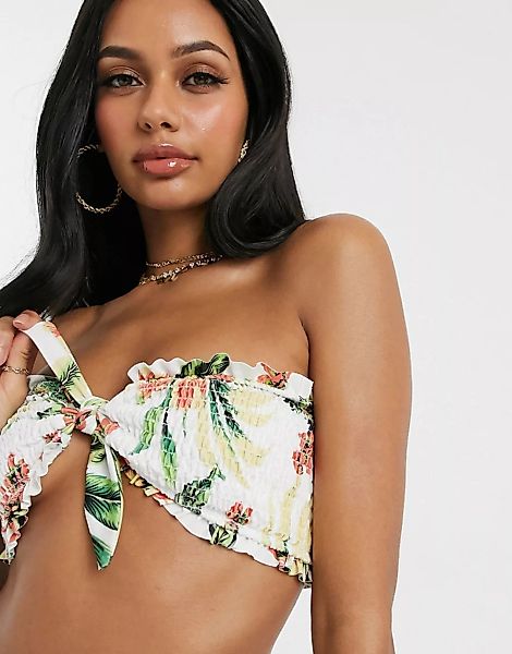 Unique 21 – Trägerloses Bikinioberteil mit tropischem Muster und Raffung-Me günstig online kaufen