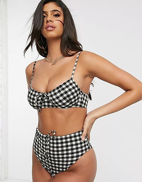 ASOS DESIGN – Schwarzweißes,  kleinkariertes Bikini-Bügel-Oberteil-Mehrfarb günstig online kaufen