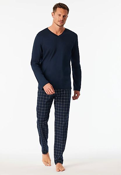 Schiesser Pyjama "Fine Interlock", 2 Stk. Oberteil in Uni, karierte Hose, V günstig online kaufen