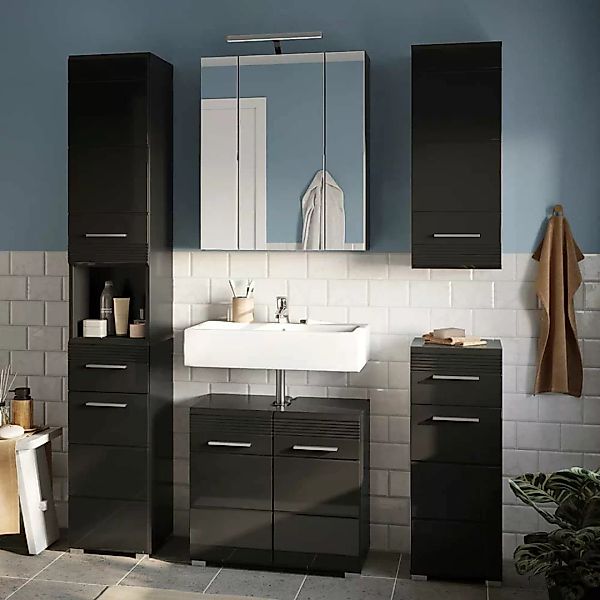 Komplettes Badezimmer Set in Schwarz Hochglanz modern (fünfteilig) günstig online kaufen