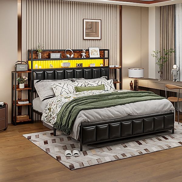 Flieks Metallbett, LED Kunstleder-Polsterbett Doppelbett 160x200cm günstig online kaufen