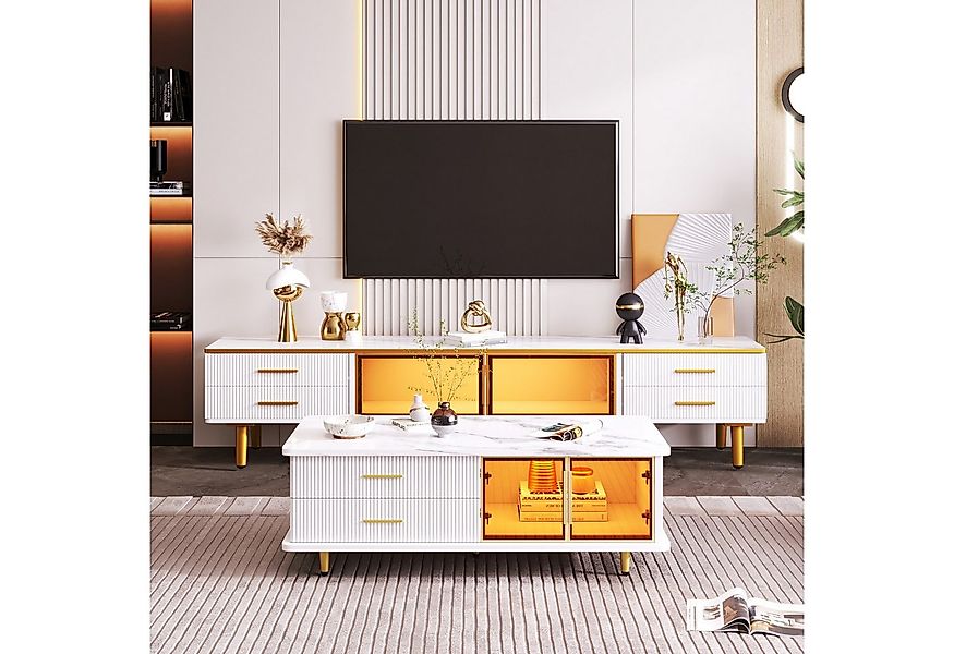 Odikalo Wohnzimmer-Set TV-Schrank Couchtisch modulare Tür gehärtetem Glas W günstig online kaufen