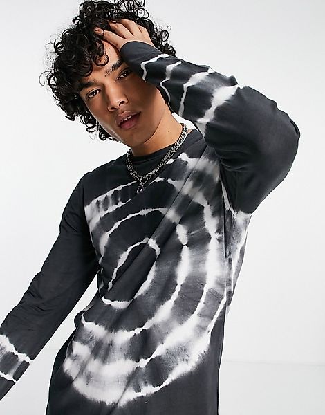 ASOS DESIGN – Eng geschnittenes, langärmliges Shirt mit Batikmuster in Grau günstig online kaufen