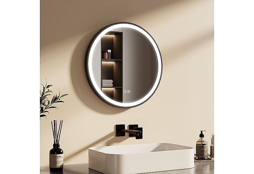 EMKE Badspiegel mit Beleuchtung Rund Badezimmerspiegel schwarzem Rahmen (Mo günstig online kaufen