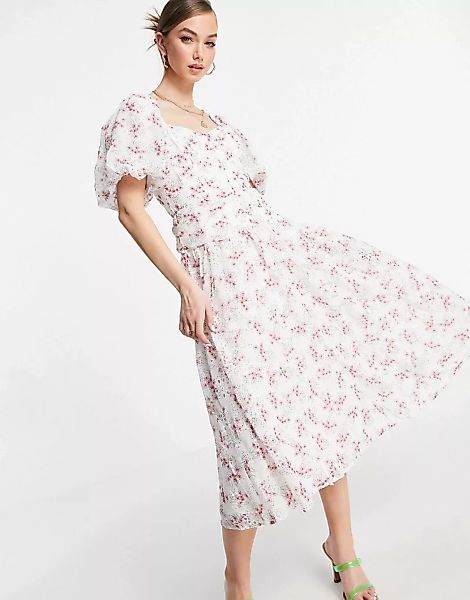 ASOS DESIGN – Midi-Skater-Kleid mit Blumenmuster, Lochstickerei und Körbche günstig online kaufen