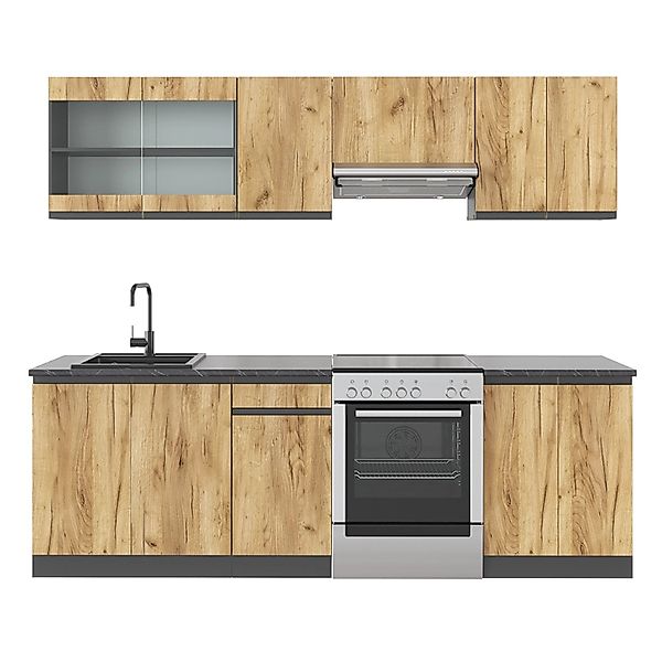Vicco Raul Küchenzeile Goldkraft Eiche 240 cm J-Shapeohne ArbeitsplatteRaul günstig online kaufen