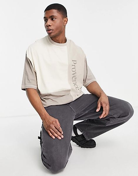 ASOS DESIGN – Oversize-T-Shirt mit Farbblockdesign in Beige und Braun mit P günstig online kaufen