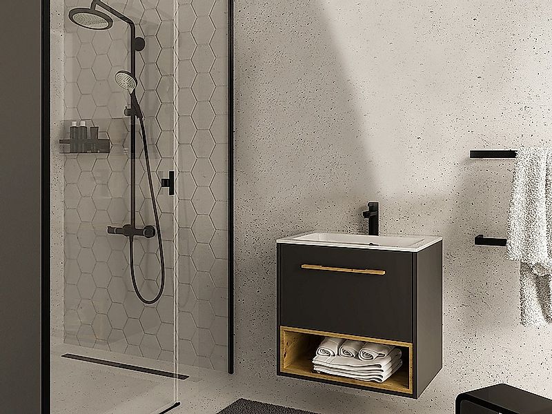 Waschbeckenunterschrank hängend - B. 60 cm - Anthrazit - YANGRA günstig online kaufen