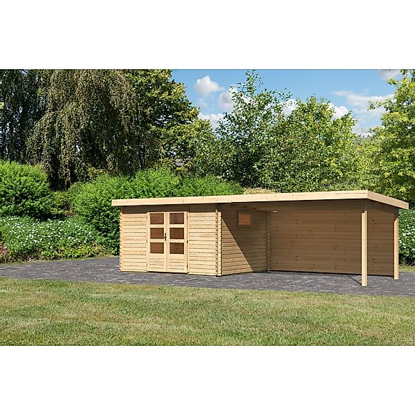 Karibu Gartenhaus Jeebel 4 m. Anbaudach 4,4 m Rückwand Natur günstig online kaufen