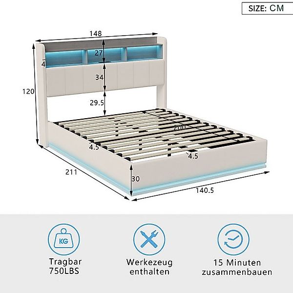 FUROKOY Polsterbett Doppelbett Stauraumbett Hydraulisch anhebbarer USB+Type günstig online kaufen