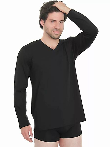 Herren Langarmshirt Bio-baumwolle V- Neck T-shirt Schwarz Grau günstig online kaufen