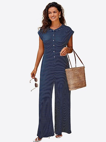 Imily Bela Jumpsuit Damen Hausanzug Homewear Gestreift Weit Bein Waffelstri günstig online kaufen