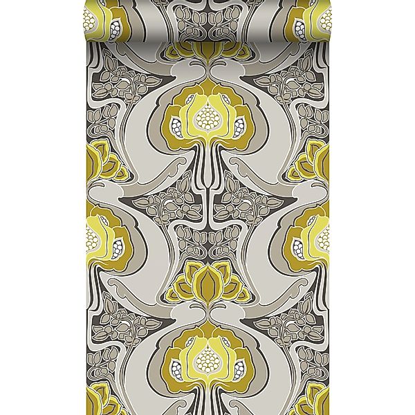 Origin Wallcoverings Tapete Jugendstil-Blumenmuster Ockergelb und Grau 53 c günstig online kaufen