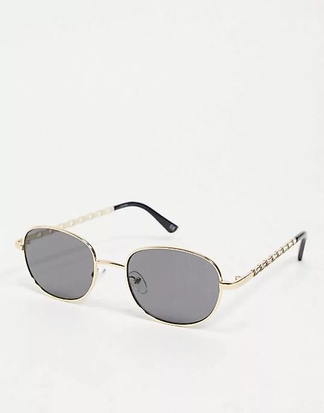 ASOS DESIGN – Kleine, runde Sonnenbrille in Gold mit Kettendetail an den Bü günstig online kaufen