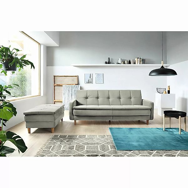 home24 loftscape Schlafsofa Pabna Hellgrau Samt 218x84x115 cm mit Hocker , günstig online kaufen