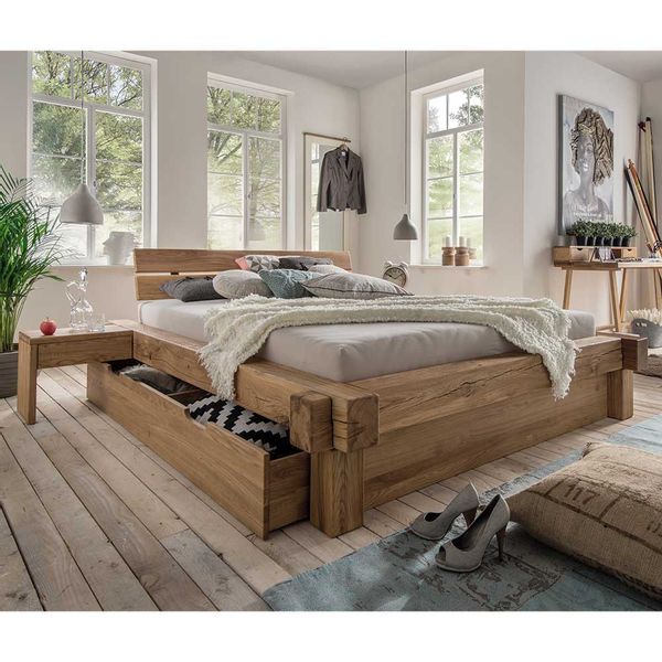 Doppelbett aus Wildeiche Massivholz Schublade (dreiteilig) günstig online kaufen