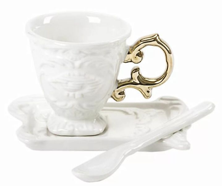 Kaffeetasse I-Coffee keramik gold weiß / Set aus Tasse, Untertasse und Löff günstig online kaufen