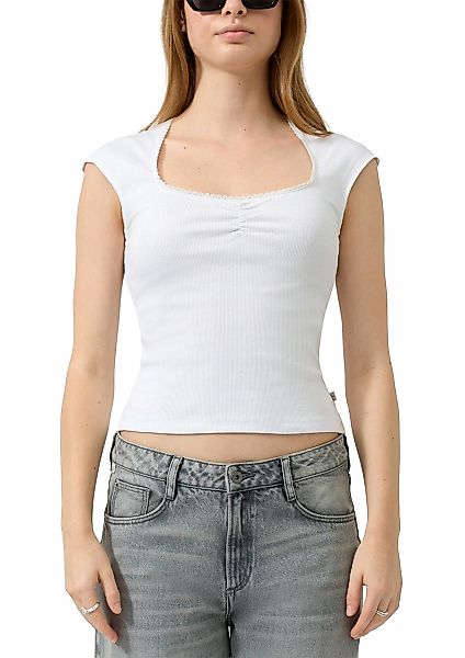 QS Kurzarmshirt mit eckigem Ausschnitt und Häkelkante günstig online kaufen
