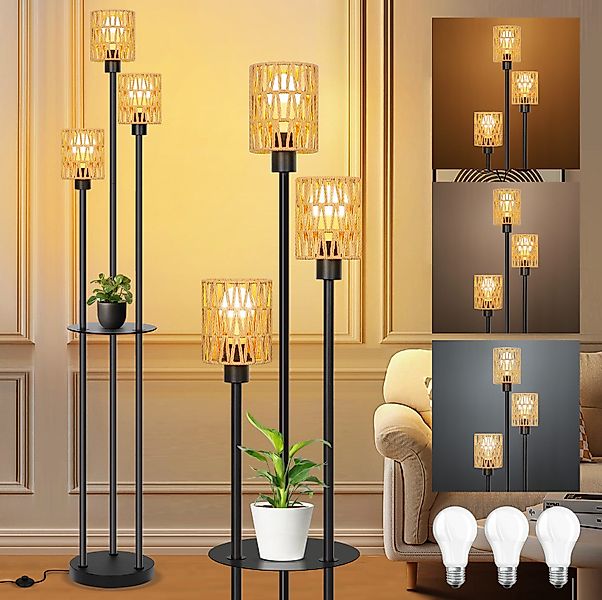 MUPOO Stehlampe Rattan Stehlampe Wohnzimmer,3-flammige Vintage günstig online kaufen
