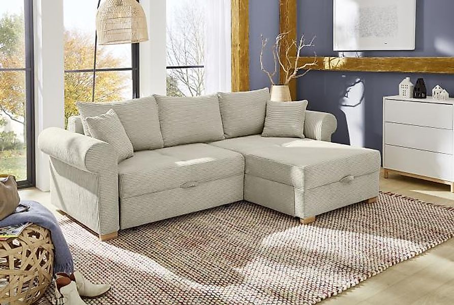 Ecksofa mit Schlaffunktion und Bettkasten Cord Beige 255 cm breit LIST günstig online kaufen