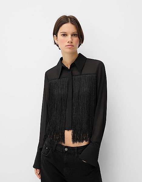 Bershka Hemd Aus Chiffon Mit Langen Ärmeln Und Fransen Damen L Schwarz günstig online kaufen