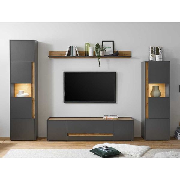 Design Wohnwand in Anthrazit und Wildeiche Optik 270 cm breit (vierteilig) günstig online kaufen