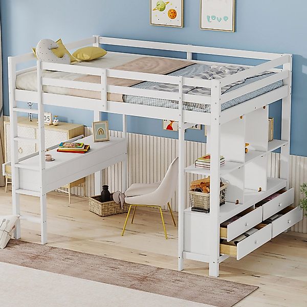 Flieks Hochbett Kiefer Kinderbett mit Schreibtisch günstig online kaufen