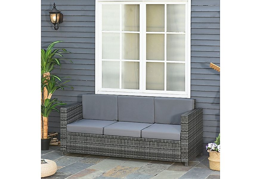 Outsunny Loungesofa Poly-Rattan Sofa mit Kissen 3-Sitzer Garten Metall Poly günstig online kaufen