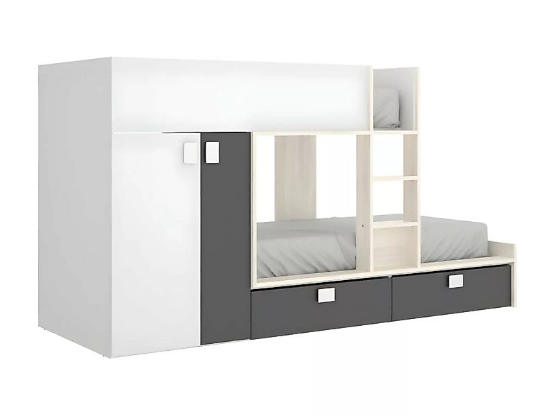 Etagenbett mit Kleiderschrank - 2x 90 x 190 cm - Weiß, Naturfarben & Anthra günstig online kaufen