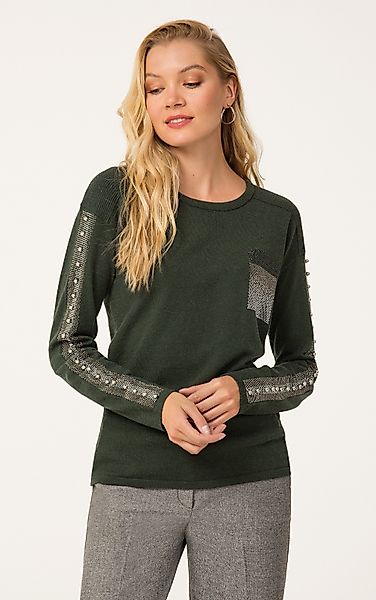 Passioni Strickpullover in dunkelgrün mit Strassdetails günstig online kaufen