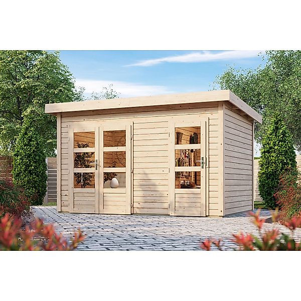 Karibu Holz-Gartenhaus Skanderborg Natur Flachdach Unbehandelt 360 cm x 240 günstig online kaufen