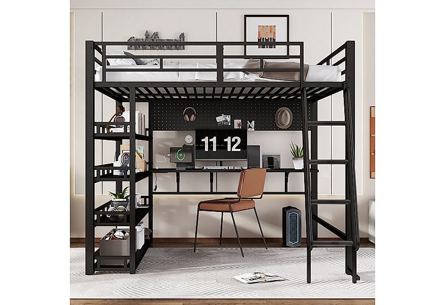 Odikalo Hochbett 140x200 Metallbett mit Schreibtisch & Stauraum (Eisenbett, günstig online kaufen