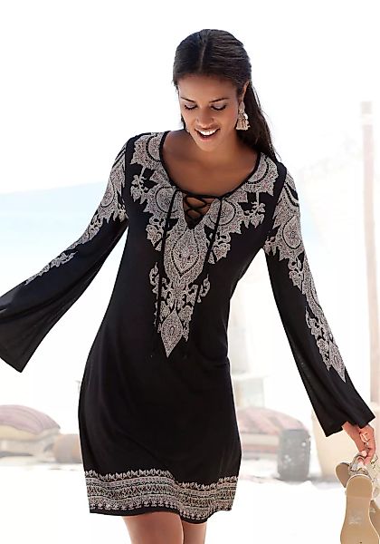 LASCANA Jerseykleid mit Bordürendruck und Schnürung am Ausschnitt, Sommerkl günstig online kaufen