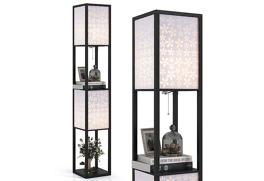 COSTWAY Stehlampe, 156cm Holzregal, Fußschalter, Blumen Muster-Lampenschirm günstig online kaufen