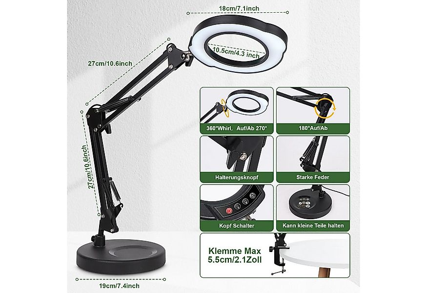 QUBEBU LED Schreibtischlampe Dimmbar Klemmlampe 10x Lupenleuchte Lupenlampe günstig online kaufen