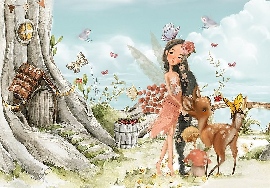 Wallarena Fototapete Kinderzimmer Mädchen Fee Wald Tiere Märchen Vlies Tape günstig online kaufen