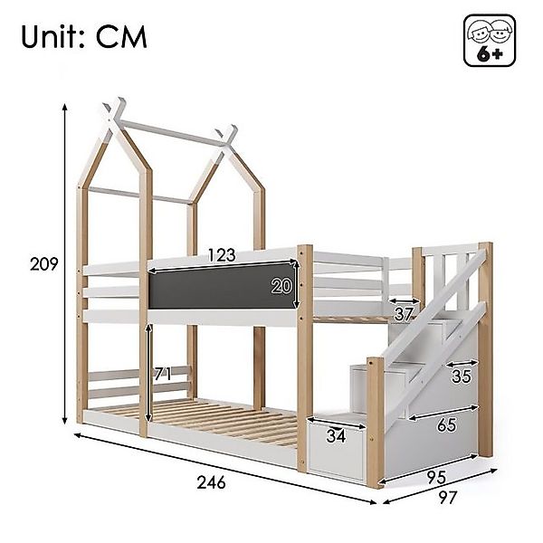 Flieks Etagenbett, Hochbett Hausbett Treppe mit 3 Schubladen Kiefer 90x200c günstig online kaufen