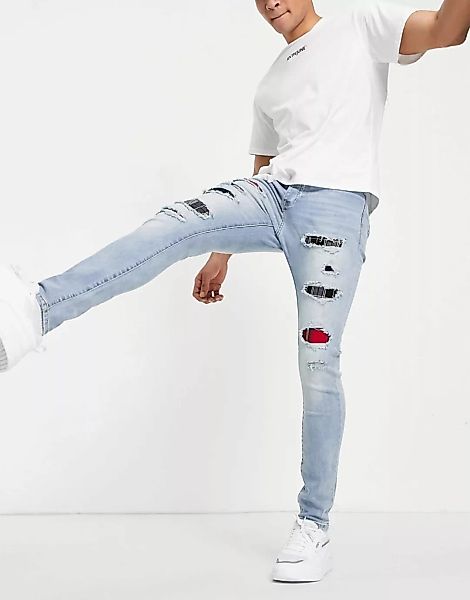 Sixth June – Enge Jeans im Used-Look in Blau mit Schottenkaro-Einsätzen günstig online kaufen