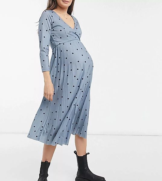 ASOS DESIGN Maternity – Langärmliges, plissiertes Midi-Wickelkleid in gepun günstig online kaufen