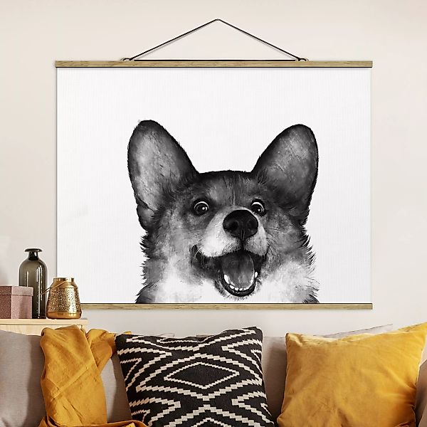 Stoffbild Tiere mit Posterleisten - Querformat Illustration Hund Corgi Weiß günstig online kaufen