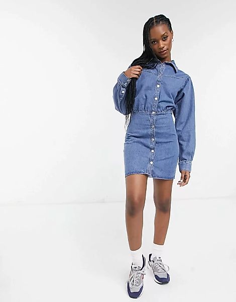 ASOS DESIGN – Jeans-Hemdkleid im Westernstil in mittlerer Waschung-Blau günstig online kaufen
