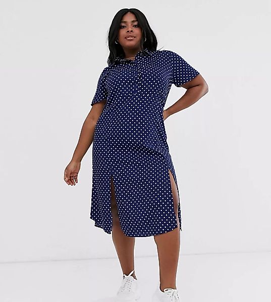 Wednesday's Girl Curve – Midaxi-Hemdkleid mit Vorderschlitzen und Punktmust günstig online kaufen