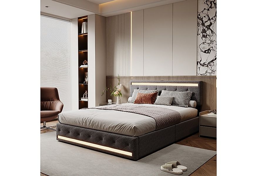 PXloue Polsterbett LED Doppelbett, Jugendbett, mit LED-Beleuchtung und USB/ günstig online kaufen