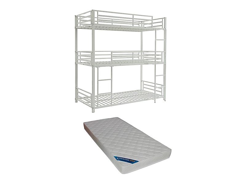 Etagenbett - 3 Personen - 3 x 90 x 190 cm - Metall - Weiß + Matratze - ELOU günstig online kaufen