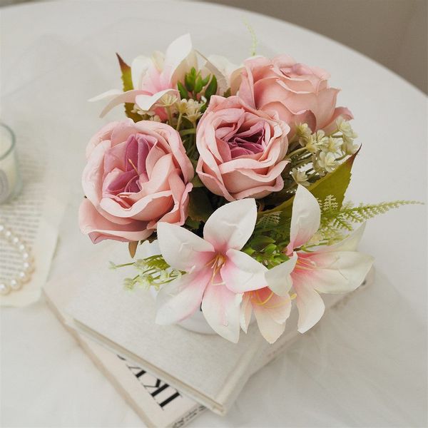 Kunstblumenstrauß Künstliche Lilie Rose Bonsai Set günstig online kaufen