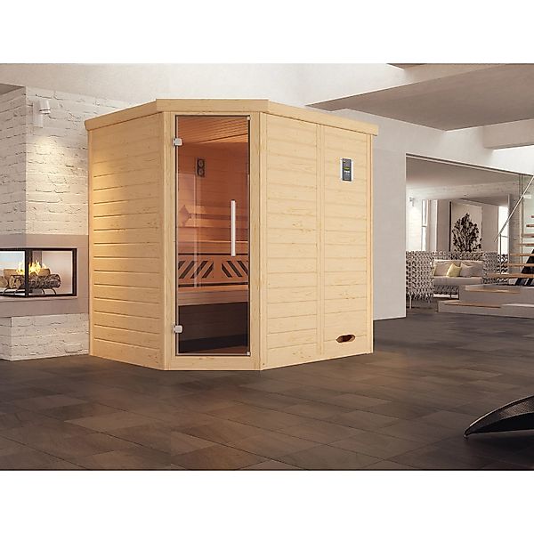 Weka Massivholzelementsauna Kemi Eck Sparset 4,5 kW BioS Glastür günstig online kaufen