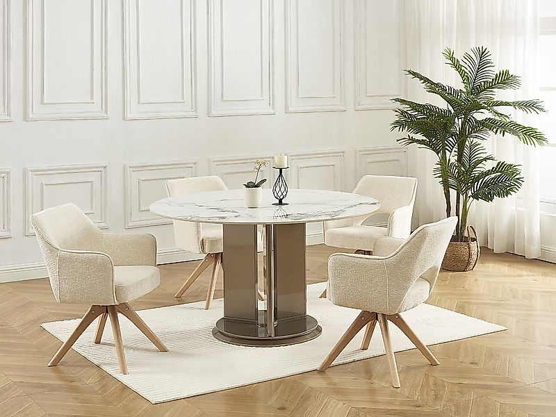 Bürostuhl Drehstuhl mit Armlehnen 6er-Set - Stoff & Eiche - Cremefarben - K günstig online kaufen