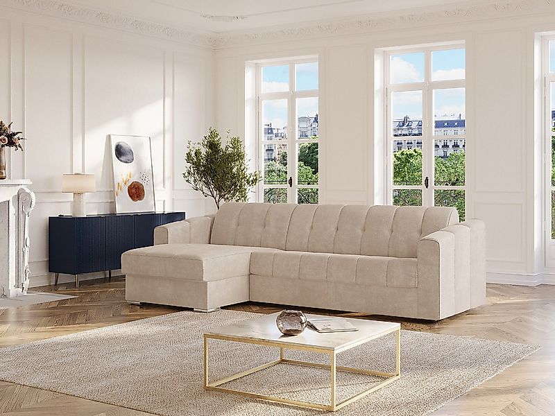Eckschlafsofa mit Matratze - Ecke wechselbar - Strukturstoff - Beige - Lieg günstig online kaufen